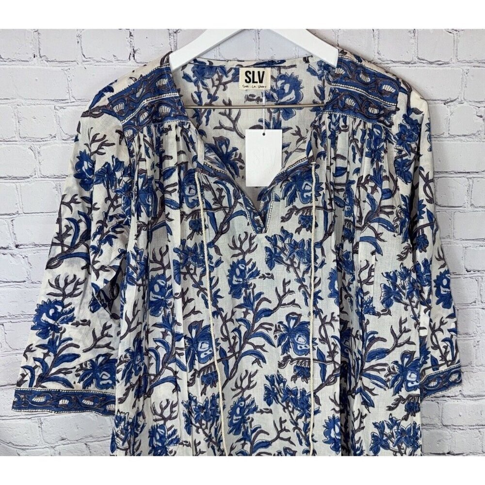 NWT SLV SUR LA VAGUE Blue Floral Cotton Long Sleeve Mini Dress Tunic One Size - Picture 2 of 8